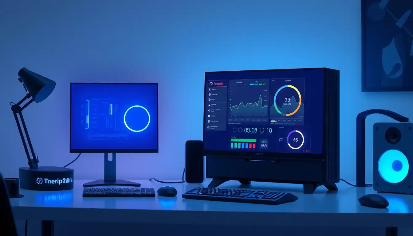Monitor de computadora mostrando gráficos de rendimiento de hardware en un escritorio moderno.
