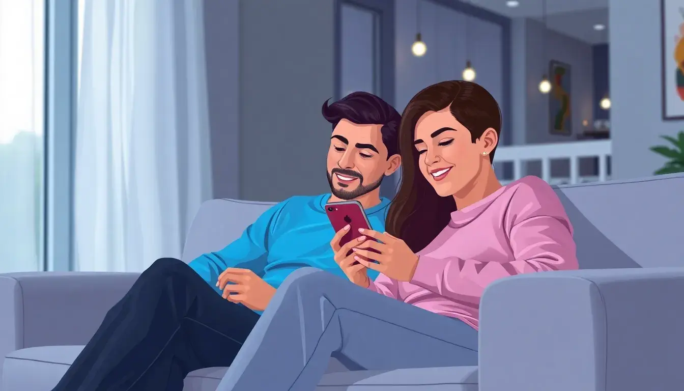Pareja sonriente usando la calculadora del amor en un smartphone