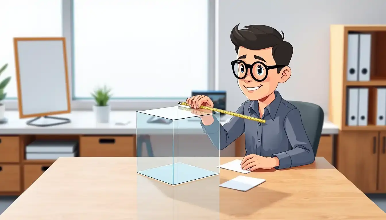 Arquitecto midiendo un modelo de cubo de cristal para calcular un metro cúbico