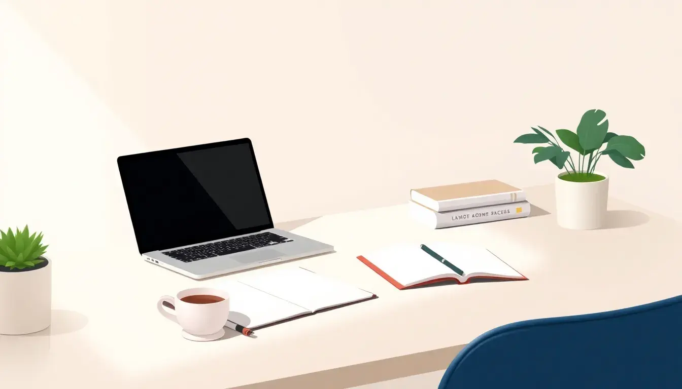 Laptop en escritorio moderno para realizar cálculo indemnización laboral.