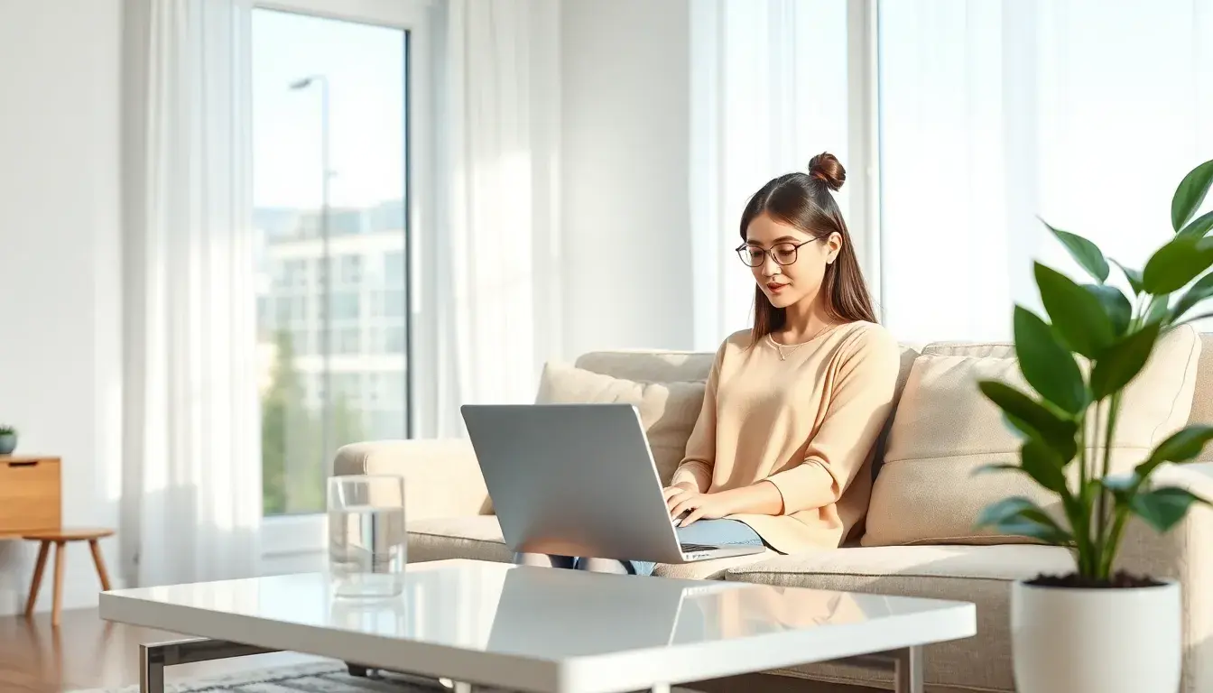 Mujer joven consultando calculadora imc mujer en su laptop