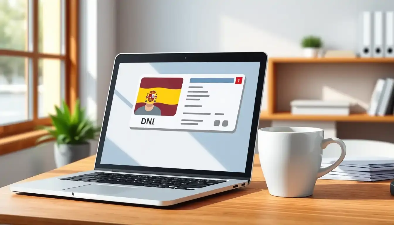 Ordenador portátil junto a un DNI español y café en escritorio moderno.