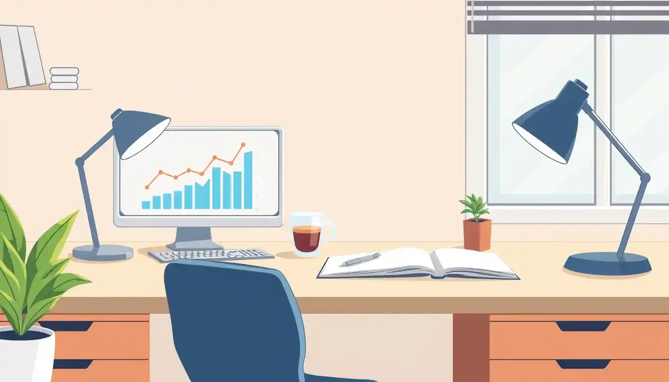 Escritorio profesional con ordenador mostrando datos de prestaciones laborales y finanzas personales.