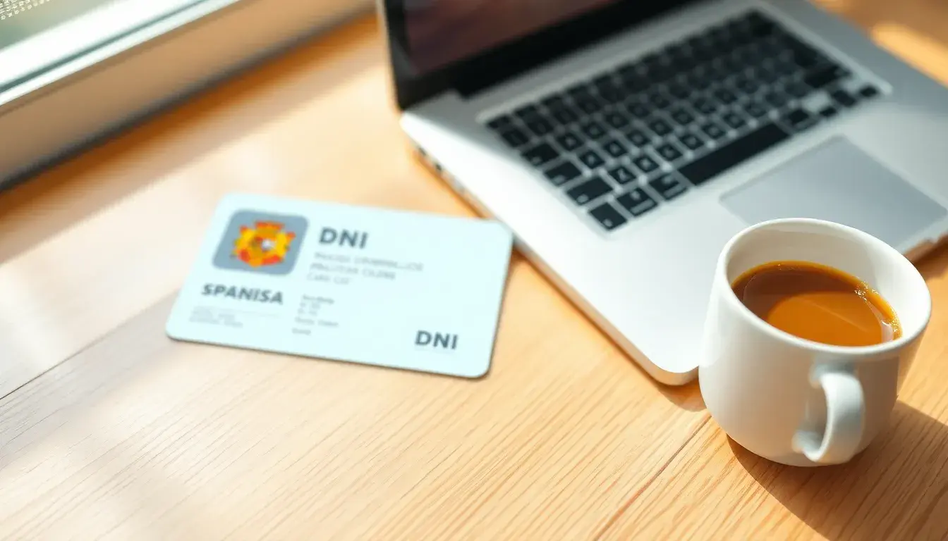 Persona revisando un documento de identidad español DNI en un escritorio moderno.