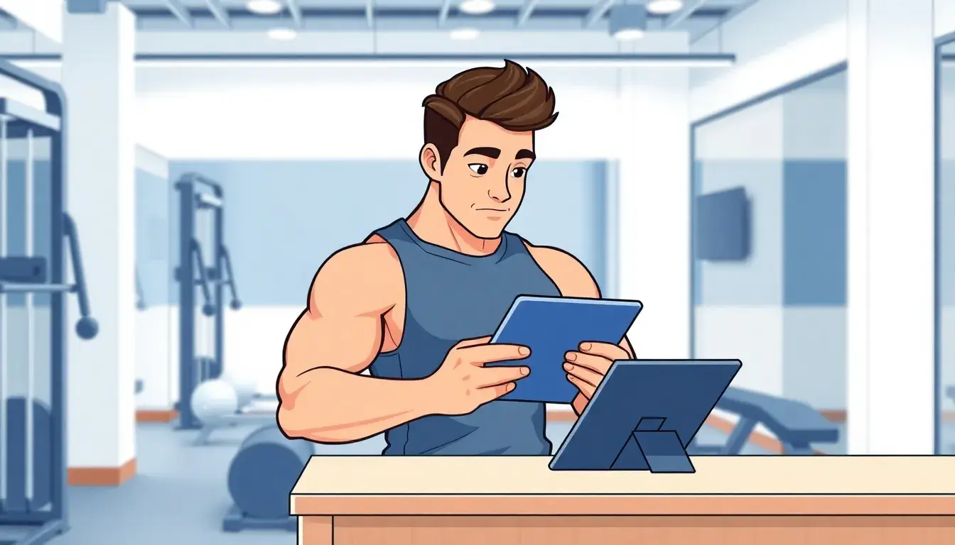 Hombre revisando su progreso de salud físico en una tablet moderna.