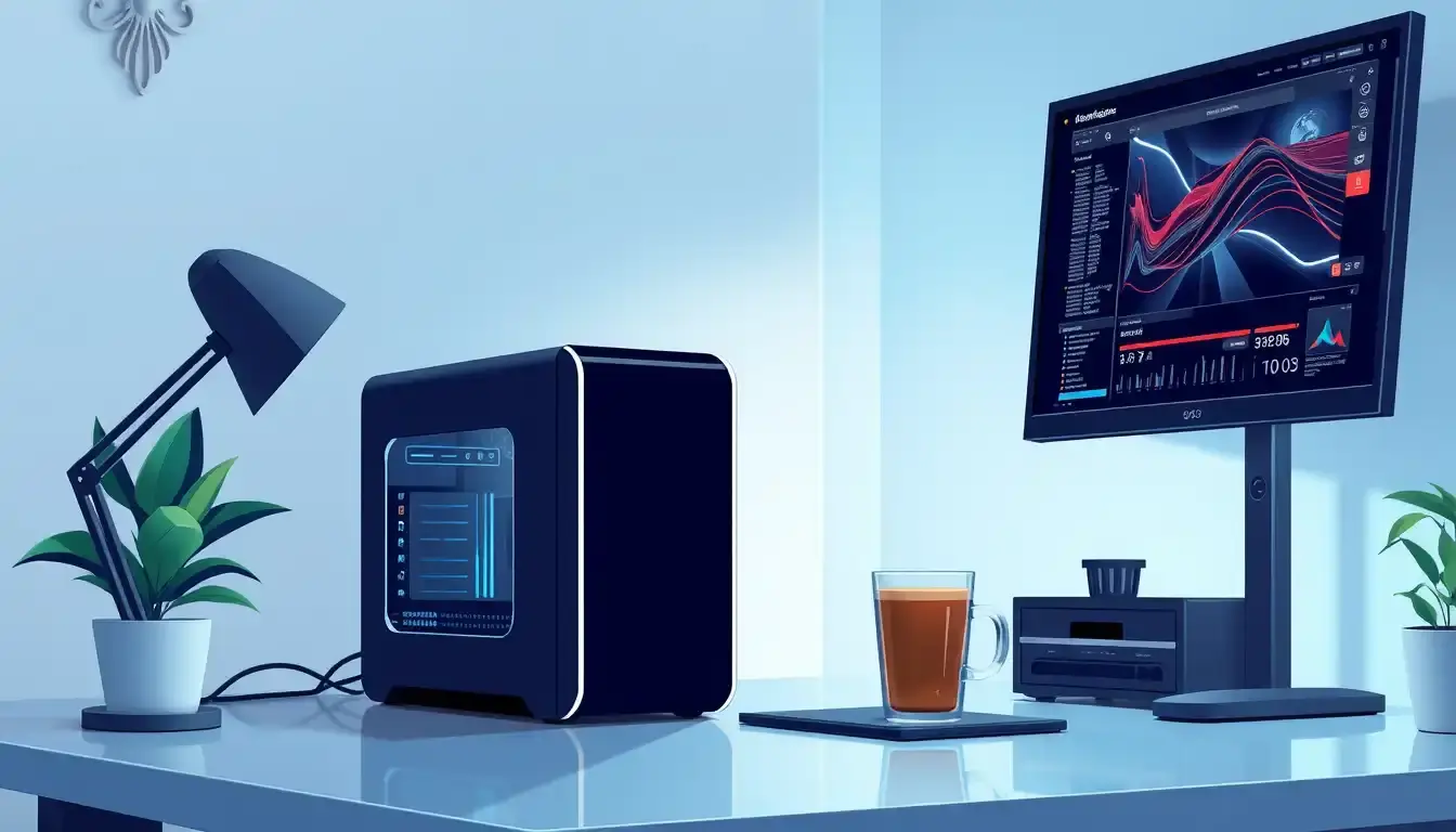 PC gamer de alto rendimiento con luces LED azules mostrando equilibrio de componentes