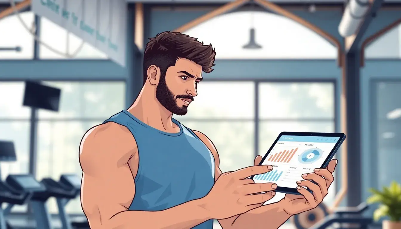 Hombre atlético revisando métricas de salud y masa corporal en tablet