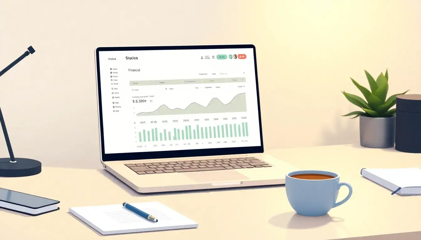 Laptop en escritorio moderno mostrando interfaz financiera para quitar el IVA