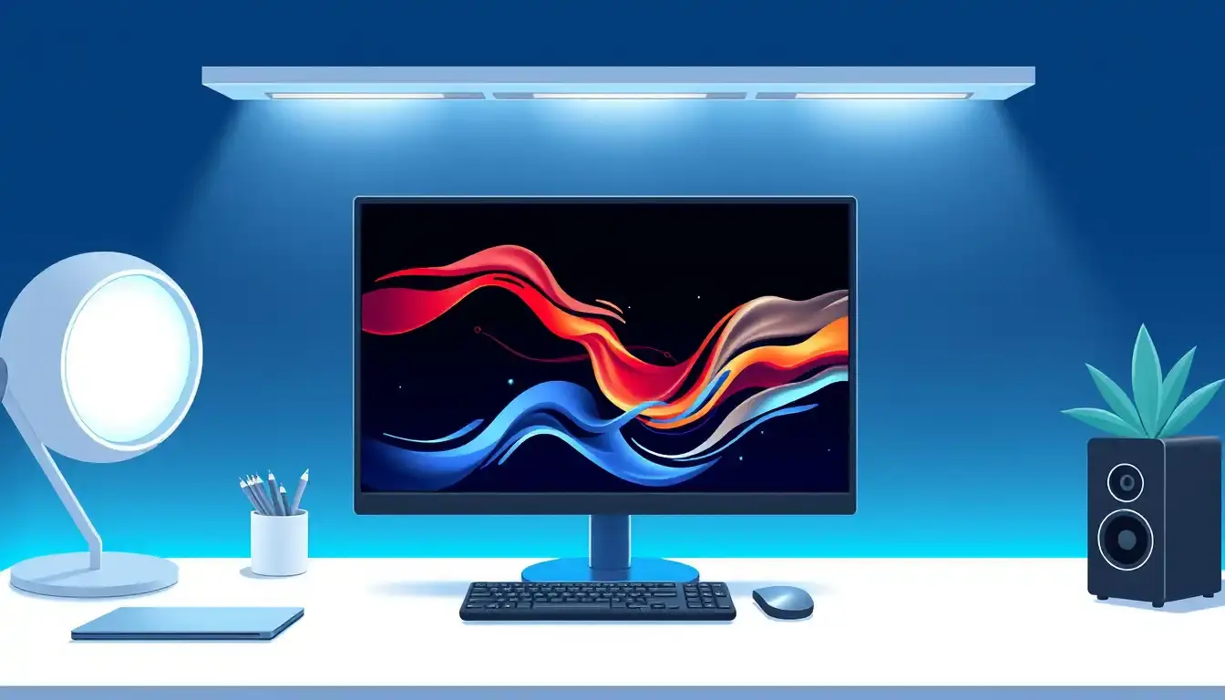 Componentes de hardware de PC sobre un escritorio moderno con gráficos de rendimiento.