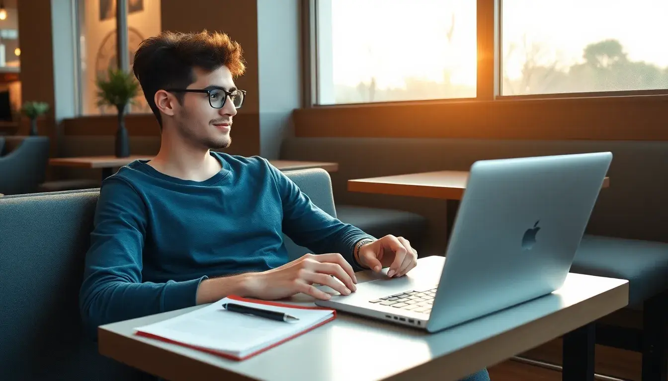 Estudiante usando un calculador de regla de 3 en su laptop en un café