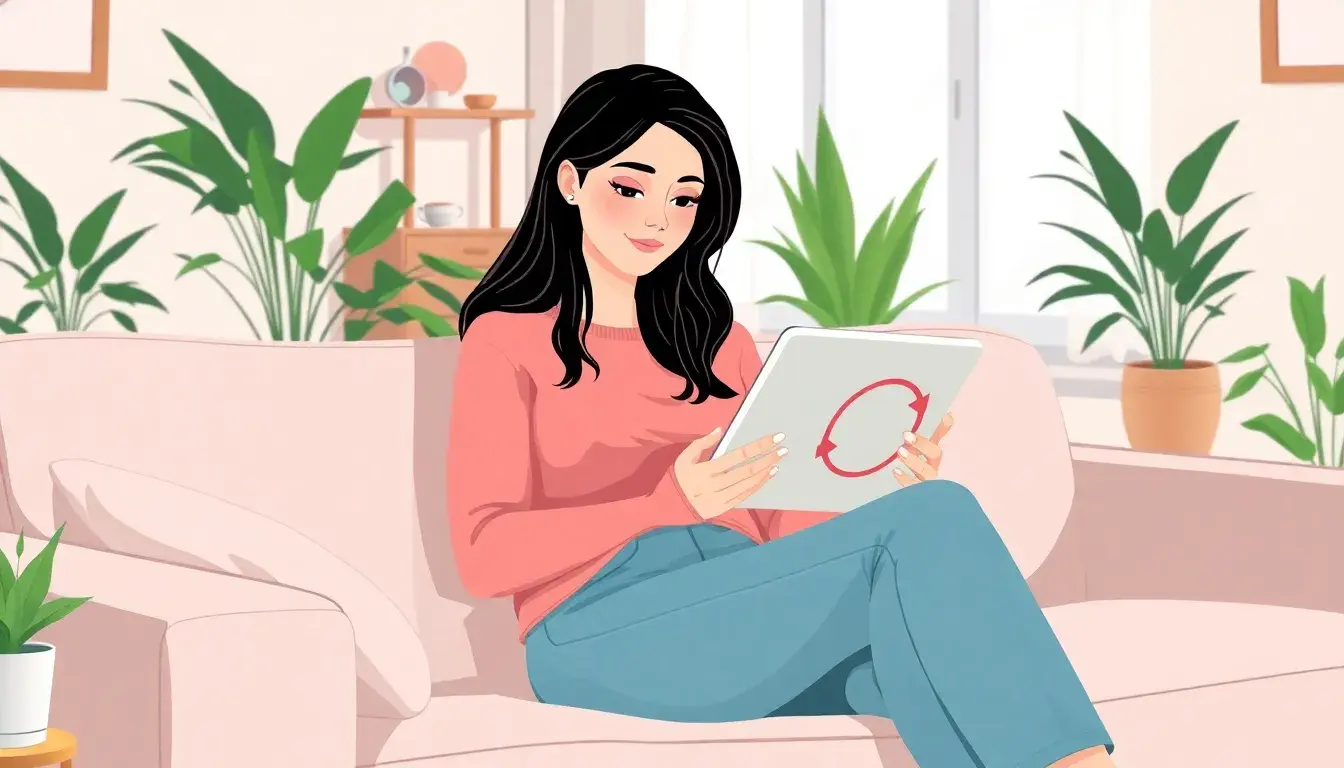 Mujer consultando una calculadora de ovulacion en una tablet moderna.