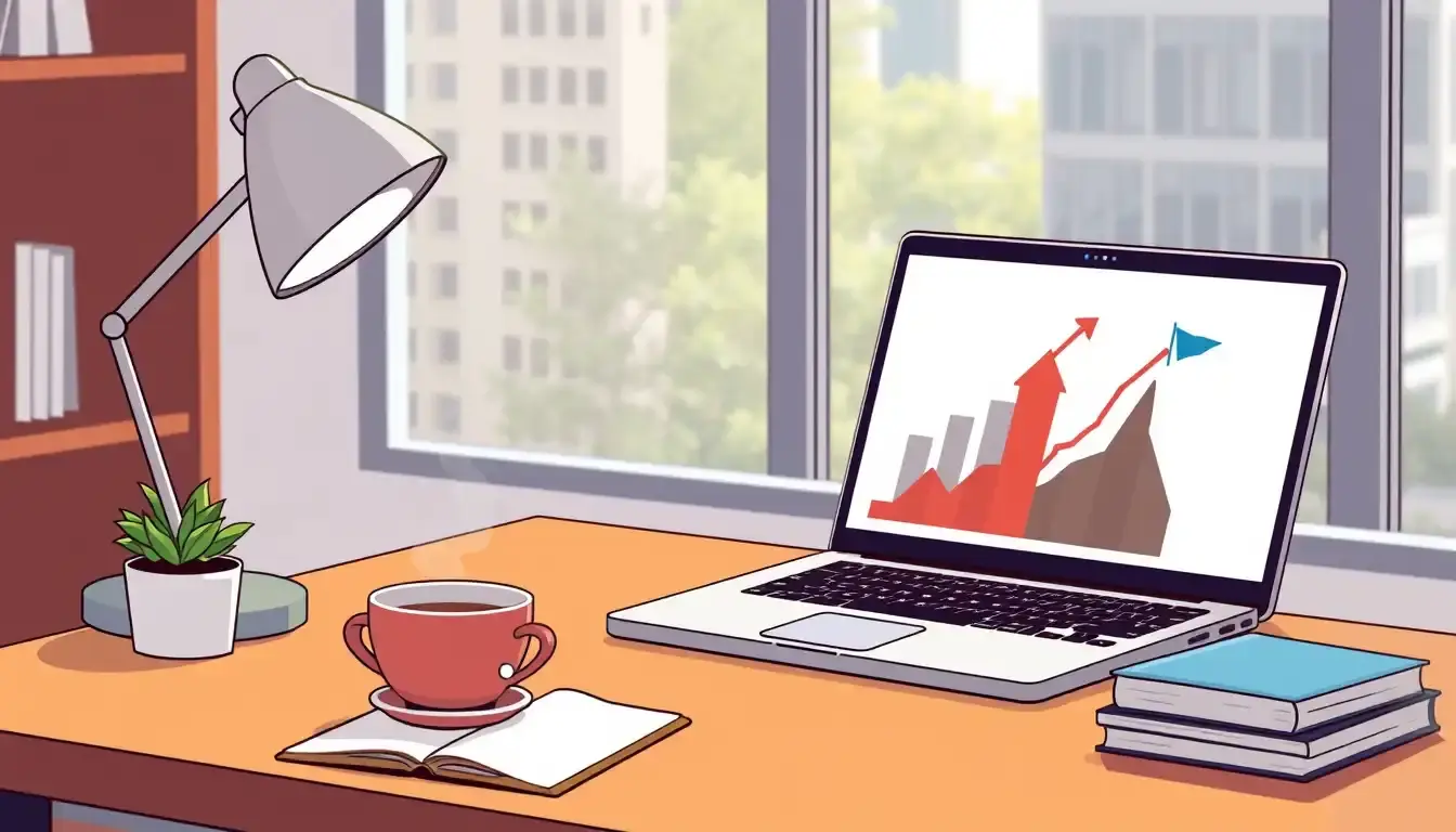 Escritorio con laptop mostrando gráficos financieros de equivalencia de dinero en el tiempo