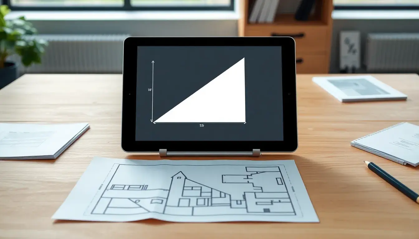 Tablet mostrando un diagrama de inclinación geométrica sobre planos arquitectónicos para calculadora pendientes
