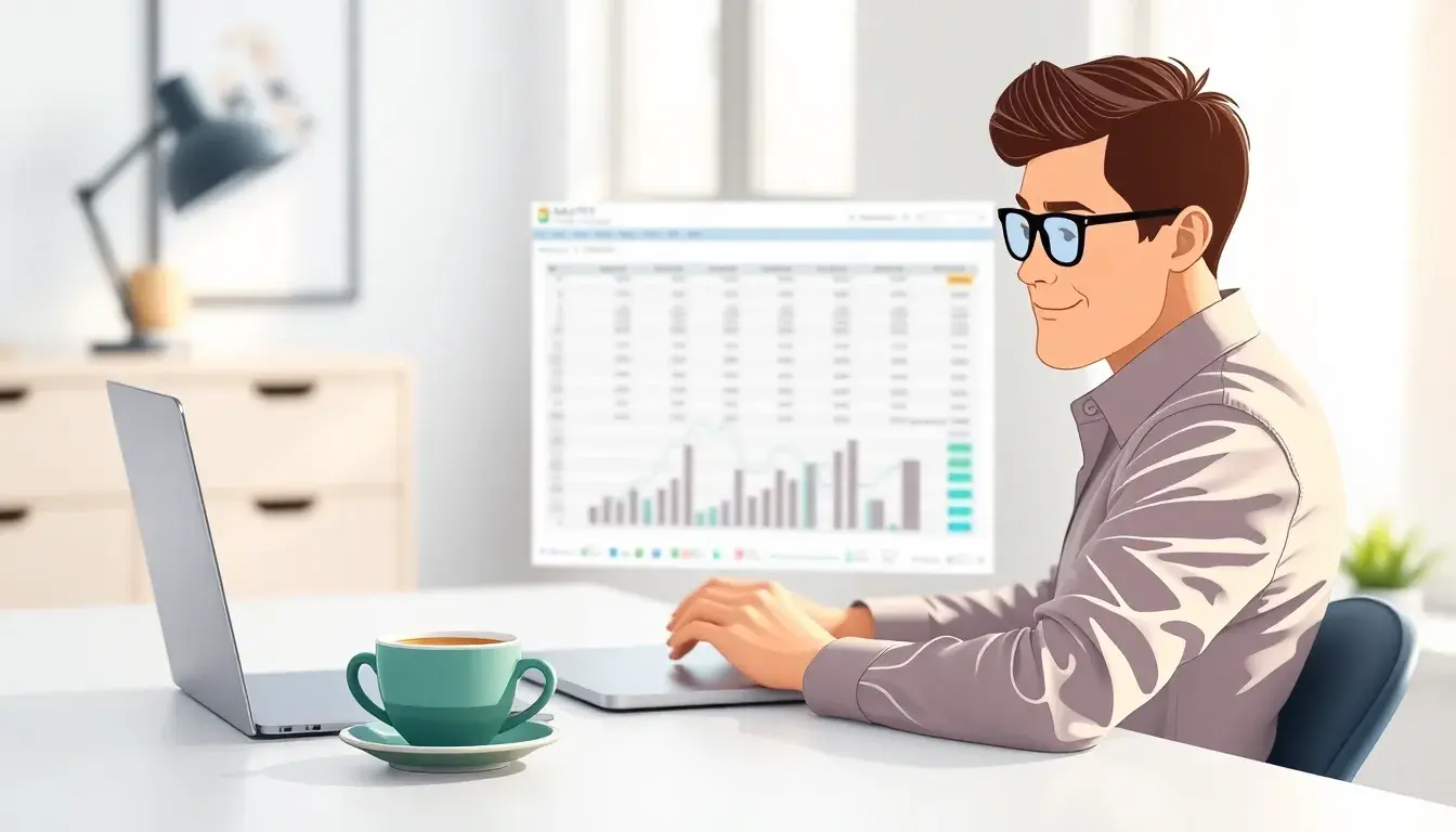 Autónomo trabajando en oficina limpia calculando IVA e IRPF en portátil.