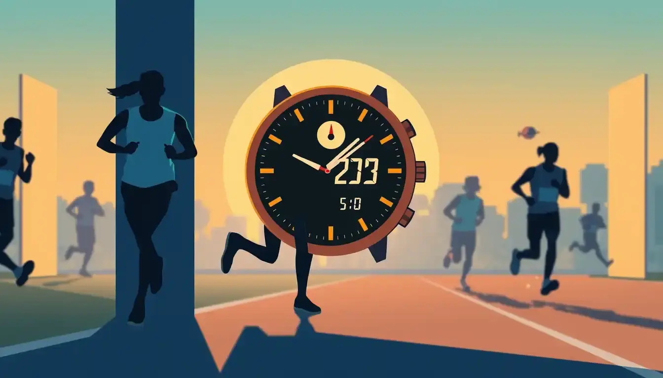 Corredor profesional analizando métricas de rendimiento y calcular tiempo carrera en pista