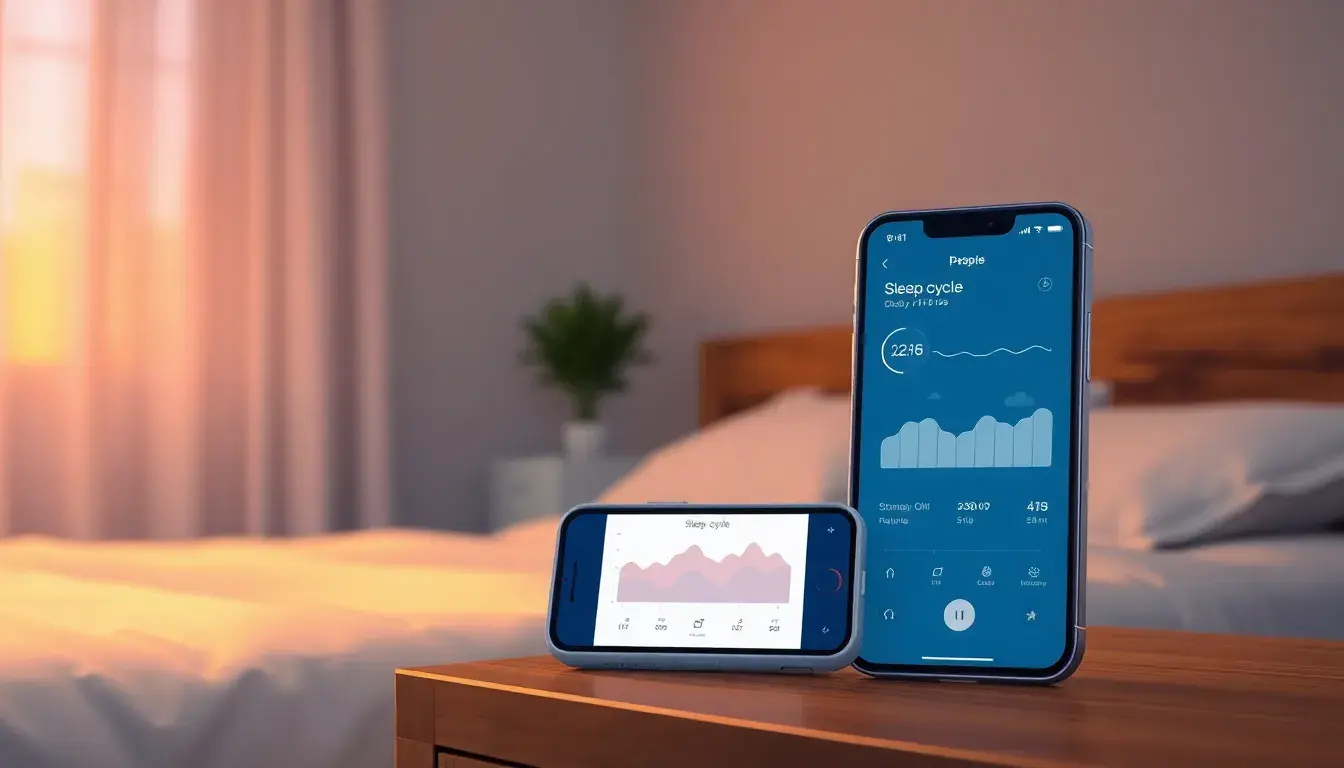 Smartphone mostrando gráficas de ciclos en un dormitorio acogedor para cálculo de sueño.