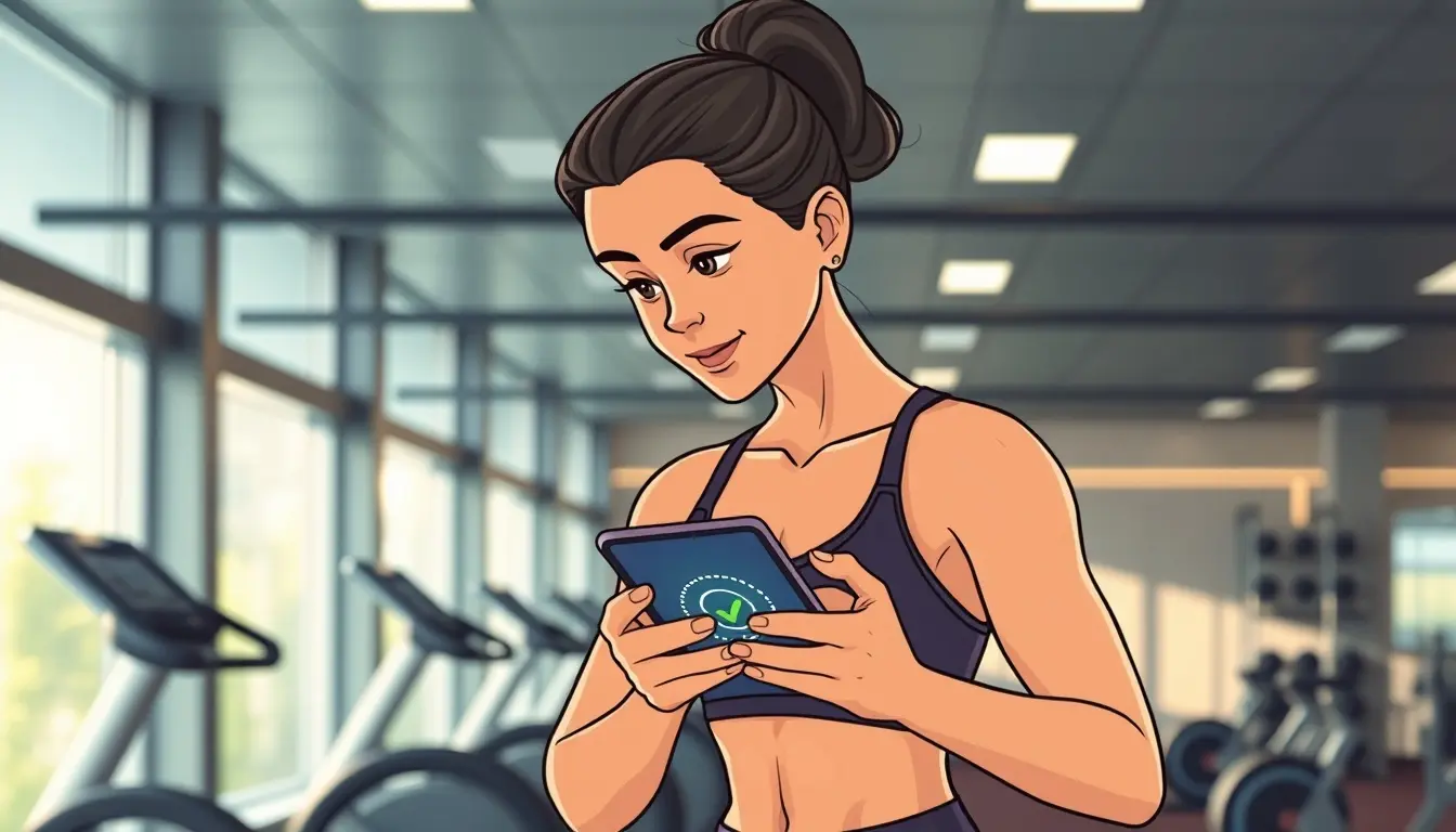 Persona en gimnasio revisando resultados de cálculo índice masa corporal en pantalla móvil