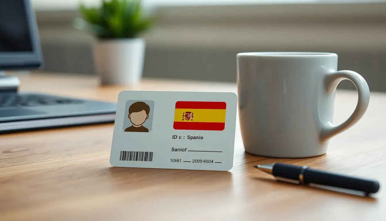 Tarjeta de identidad española sobre escritorio de madera junto a café