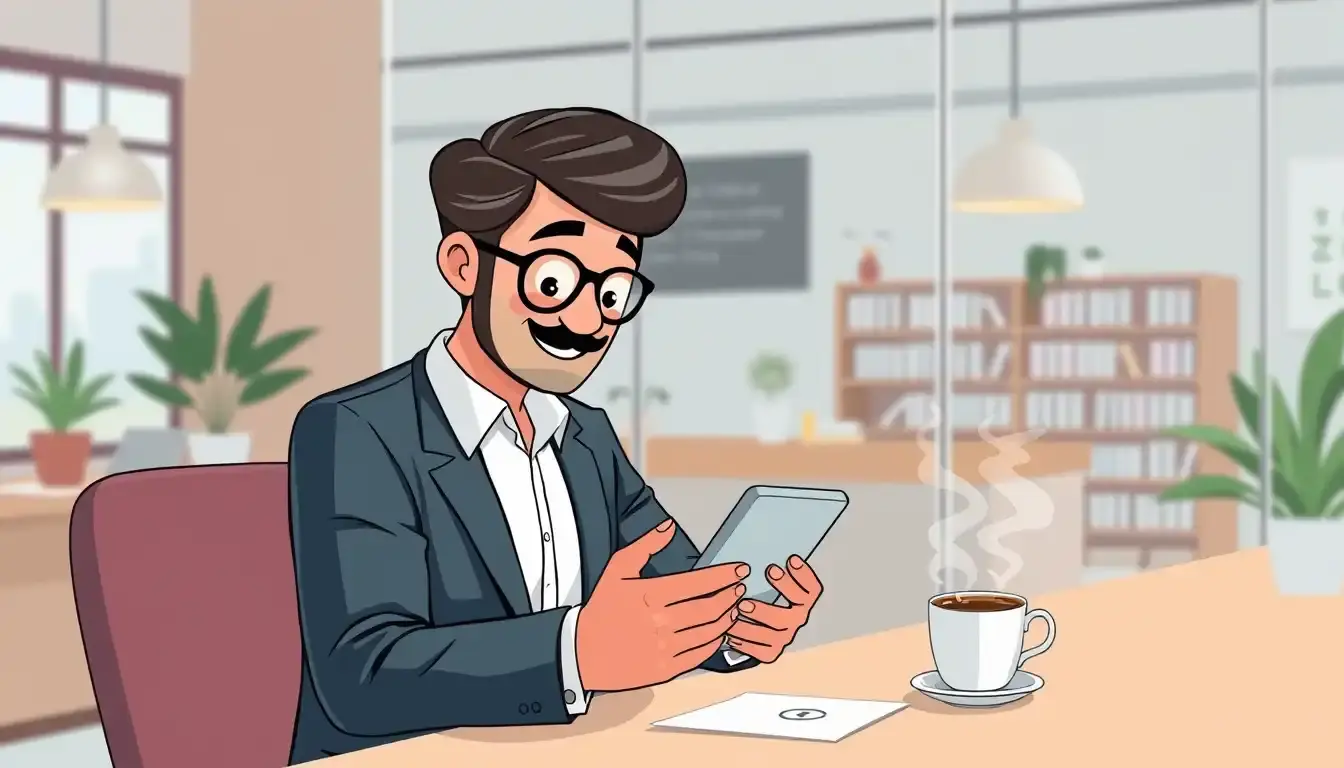 Persona revisando el cálculo paga extraordinaria en un smartphone en oficina moderna.