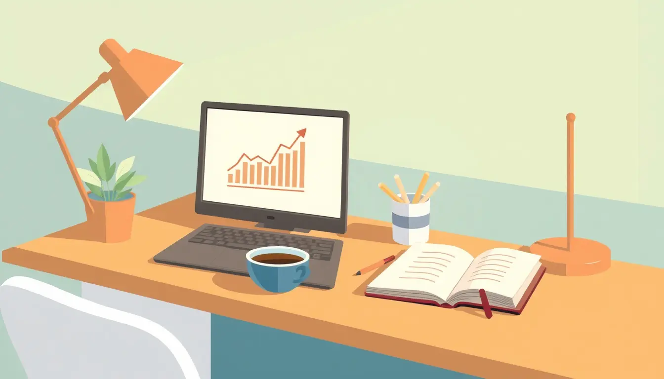 Escritorio con ordenador portátil mostrando datos financieros y café