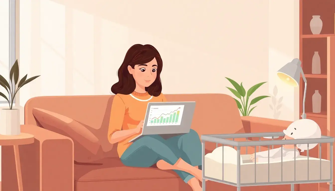 Madre revisando el cálculo percentiles de su bebé en una laptop en un ambiente acogedor.