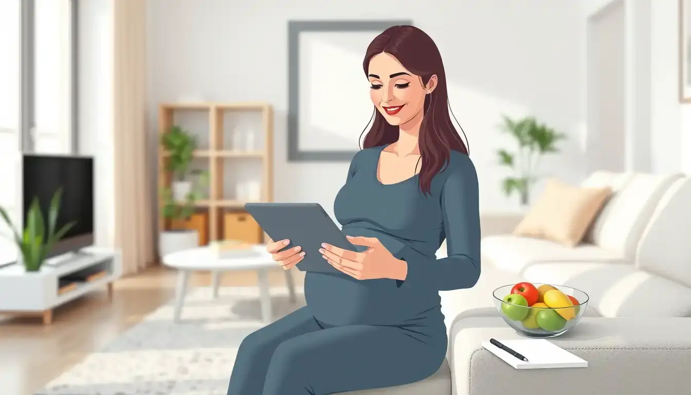 Mujer embarazada consultando información sobre salud y peso en tablet