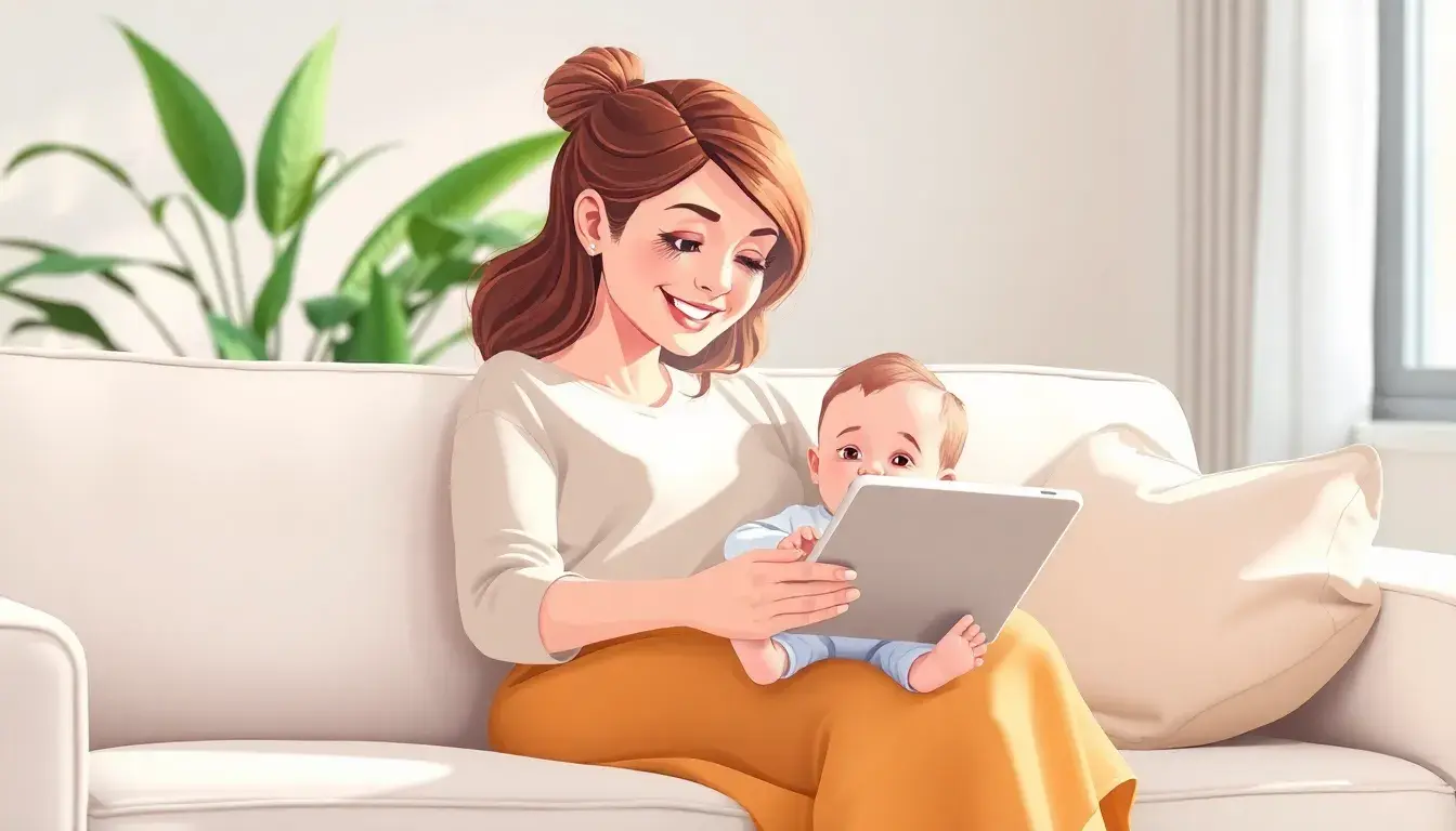 Madre consultando el crecimiento de su bebé en un entorno hogareño moderno.