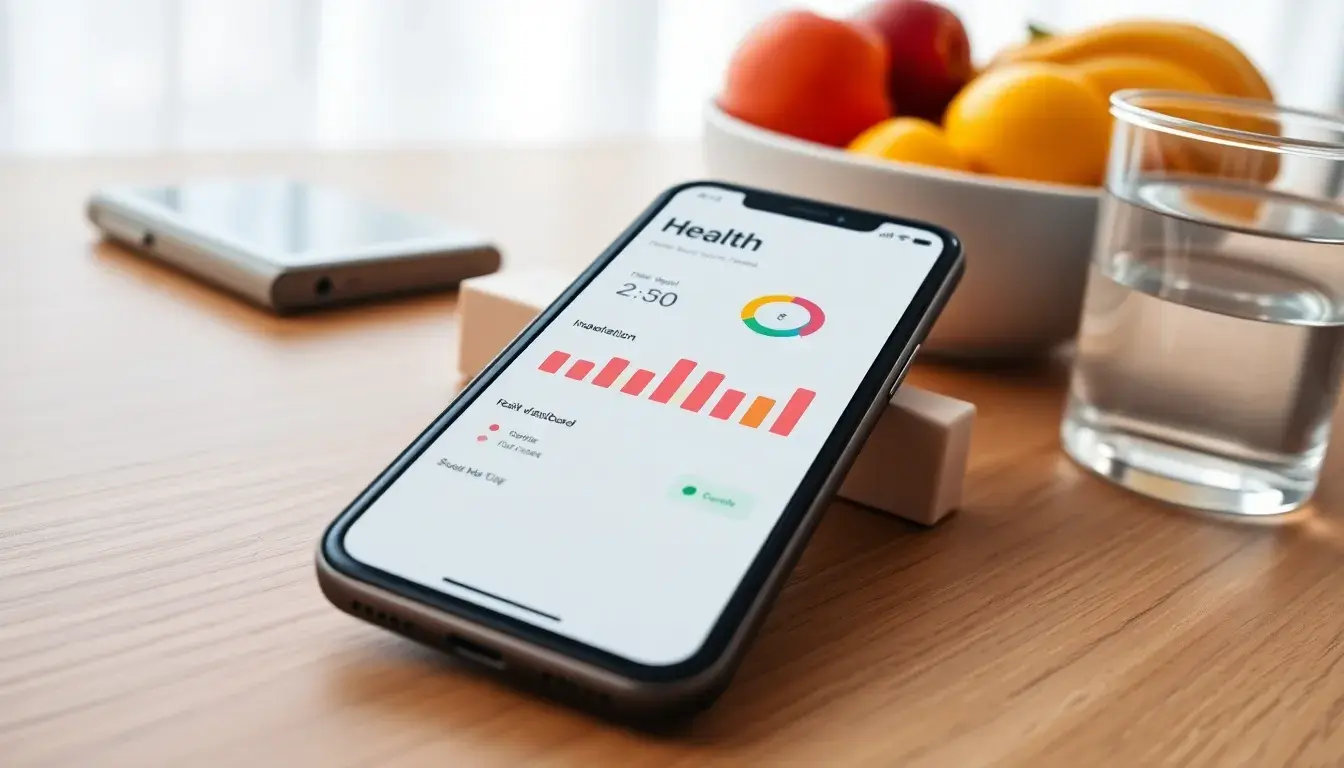 Smartphone mostrando métricas de salud junto a fruta fresca
