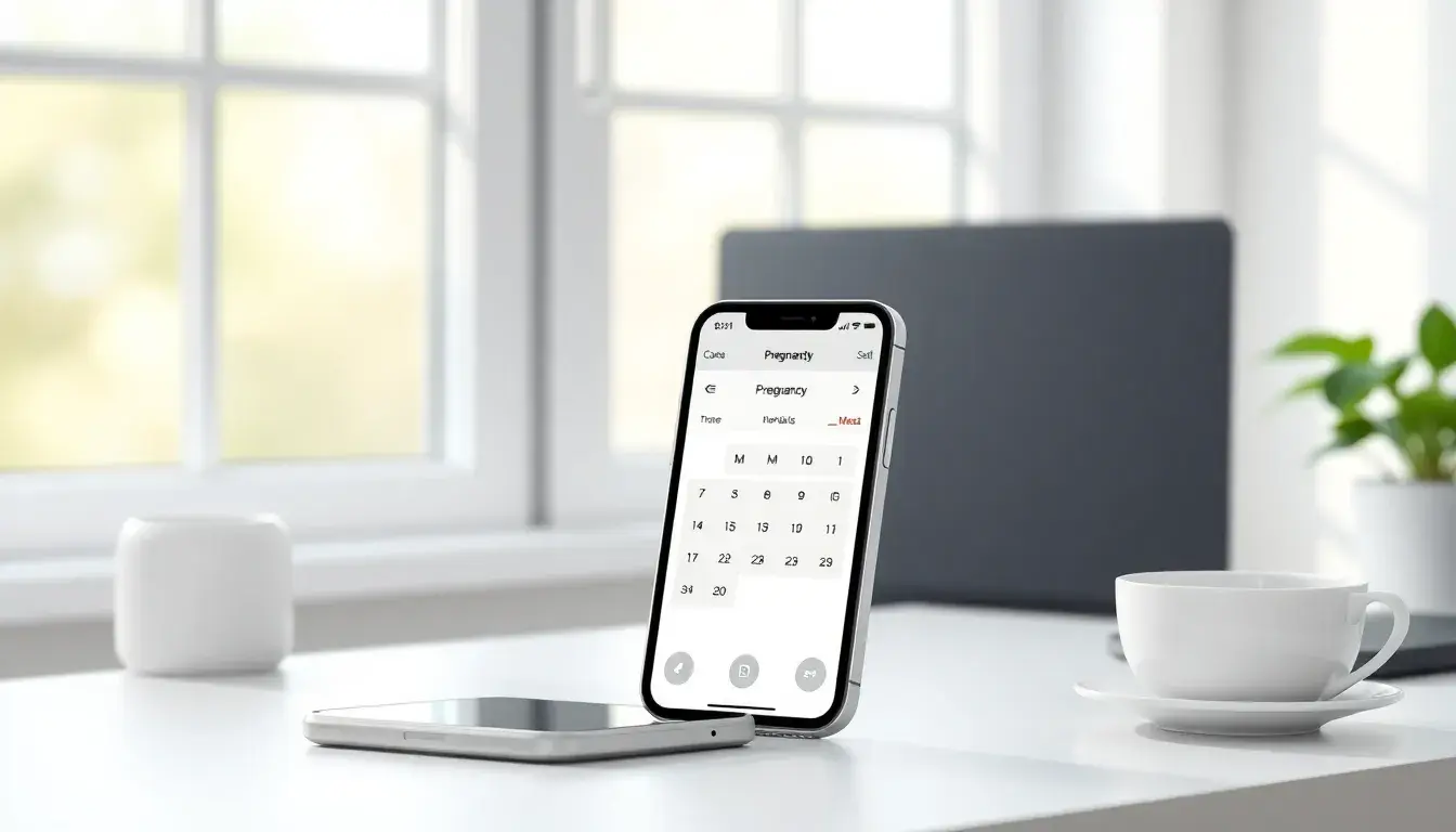 Smartphone con calendario de embarazo y taza de té en escritorio soleado.