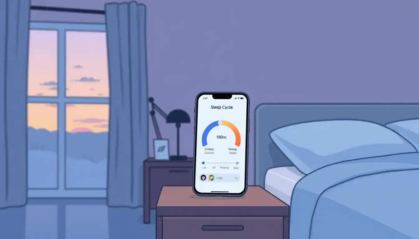 Interfaz de calculadora de sueno en smartphone sobre una mesa de noche