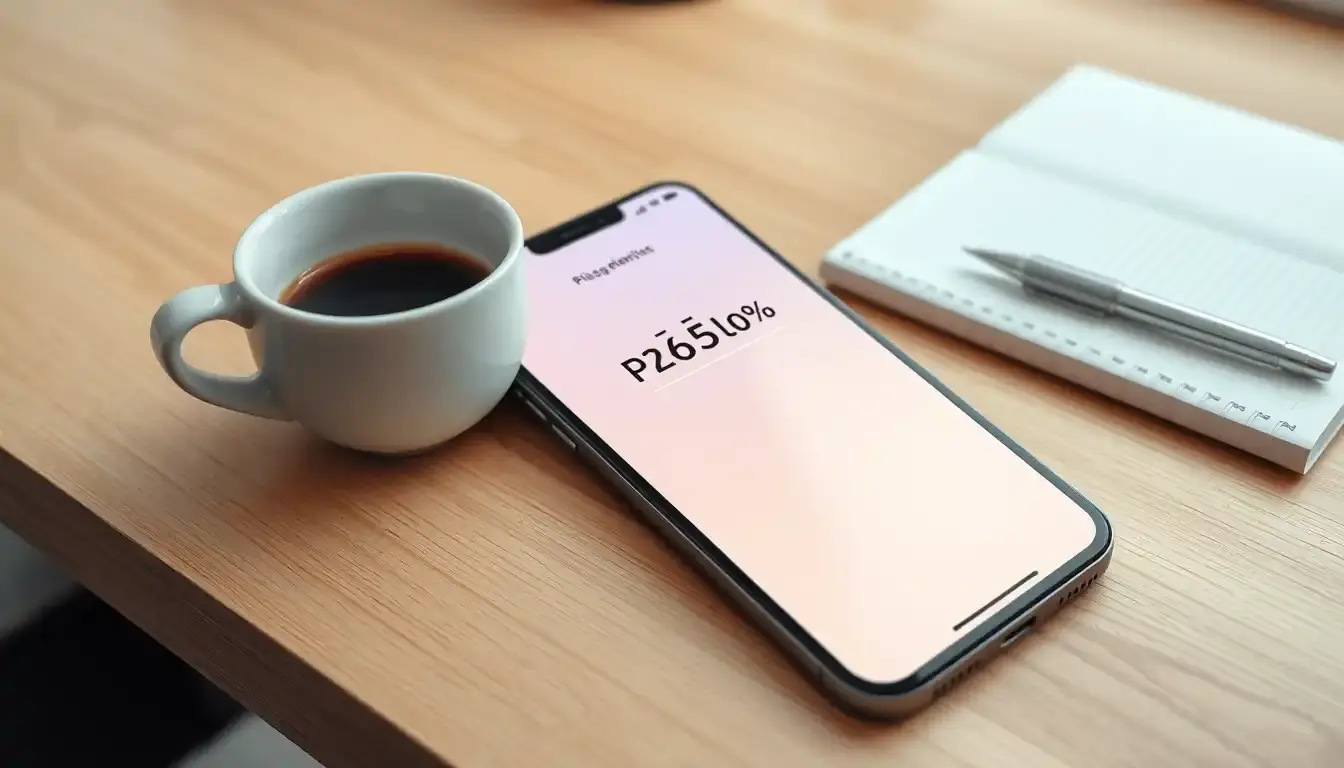 Persona usando una calculadora en porcentajes en un smartphone sobre un escritorio moderno.