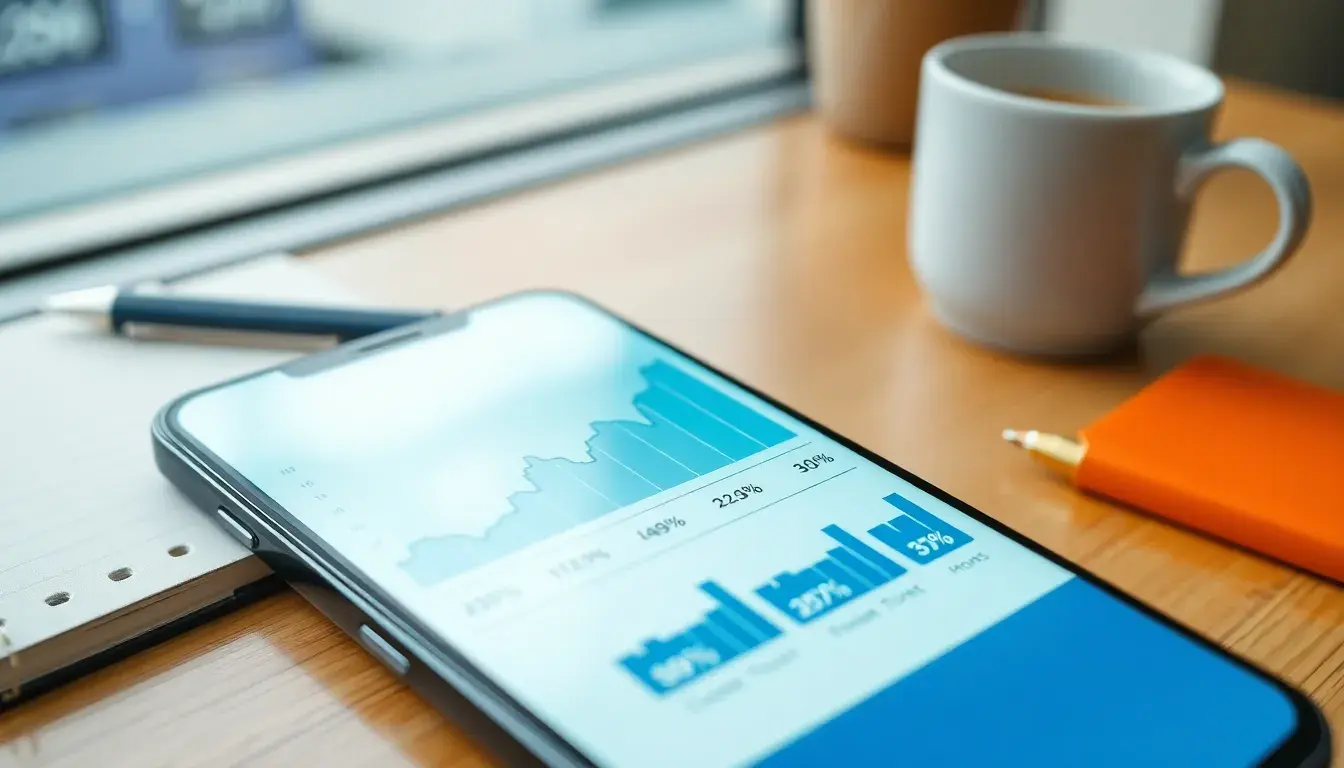 Teléfono móvil mostrando gráfico de crecimiento financiero y calculadora rentabilidad