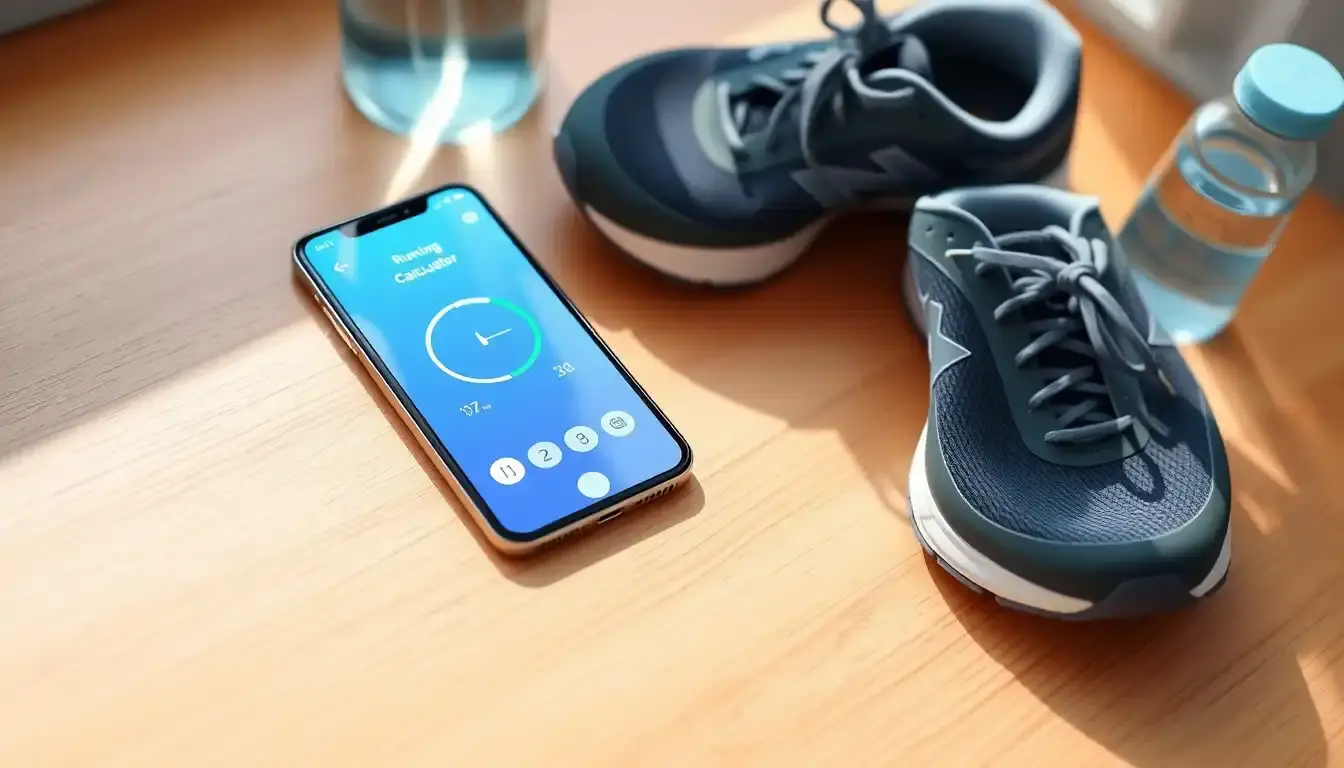Interfaz de calculadora run en smartphone junto a zapatillas de deporte.