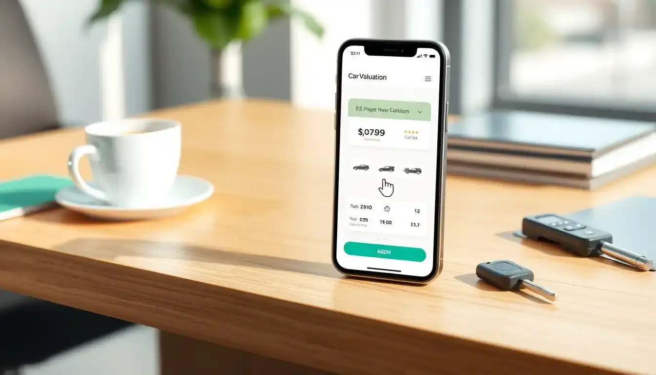 Interfaz de calculadora valor venal coche en un smartphone sobre escritorio moderno.