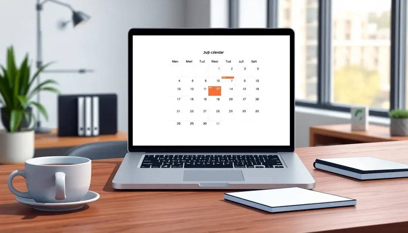 Interfaz de calendario moderno en pantalla de laptop sobre escritorio profesional.