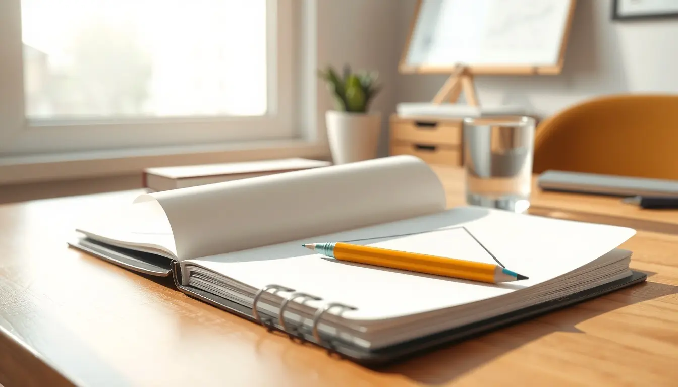 Cuaderno con dibujo de triángulo rectángulo para calcular hipotenusa en escritorio.