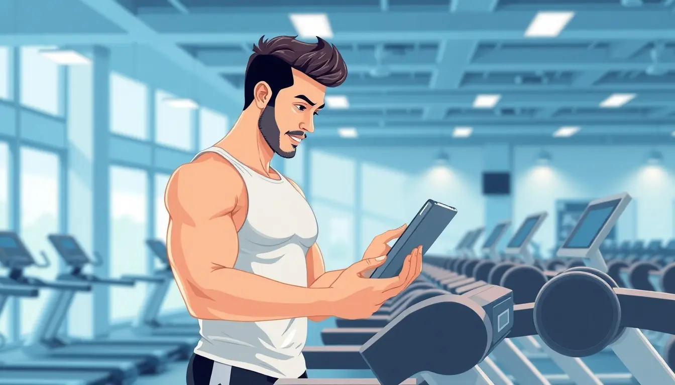 Hombre revisando métricas de salud en una tablet en un gimnasio moderno.