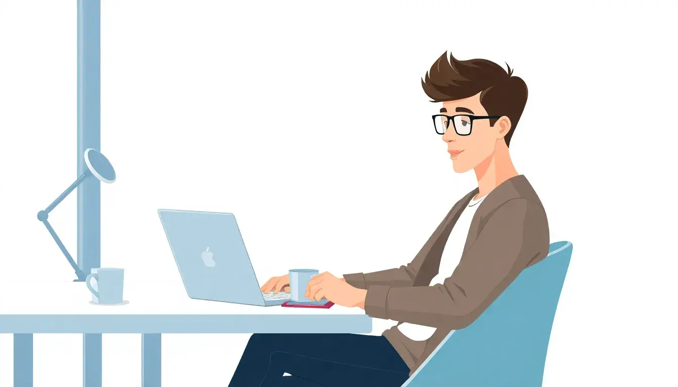 Estudiante usando herramienta digital para calcular media en un escritorio moderno
