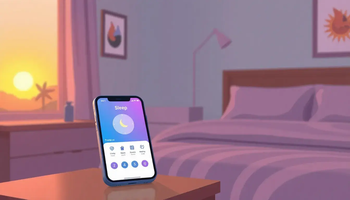 Smartphone mostrando una calculadora de sueño en una habitación acogedora con luz tenue