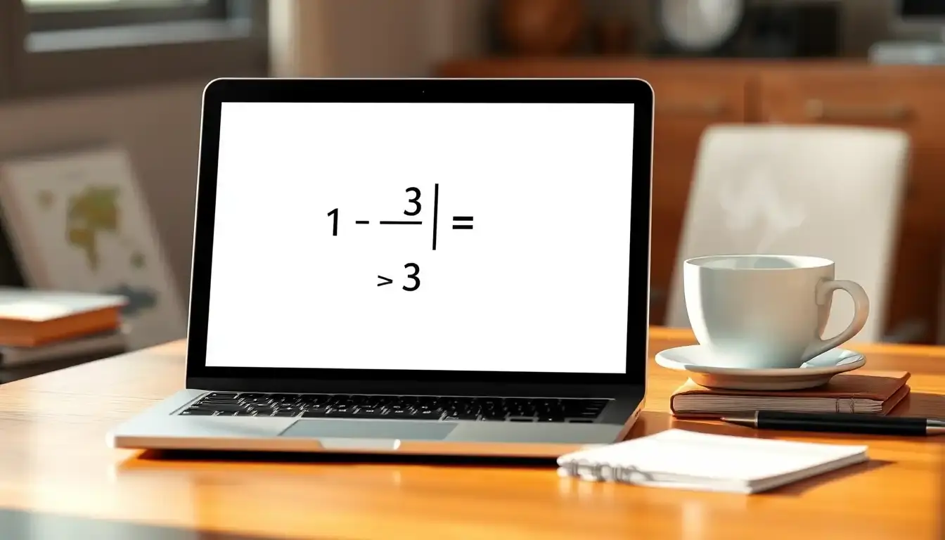 Interfaz de calculadora de fracciones en una laptop sobre escritorio moderno con café.