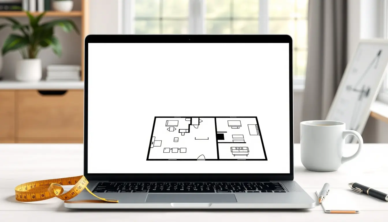 Escritorio moderno con laptop mostrando plano y calculadora m cuadrados