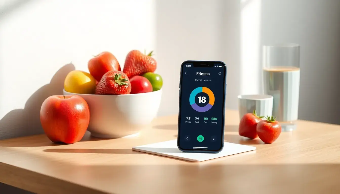 Interfaz de calculadora de macros en smartphone junto a frutas frescas.