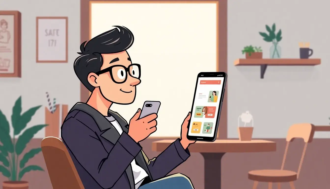 Persona revisando precios de oferta en un smartphone en una cafetería