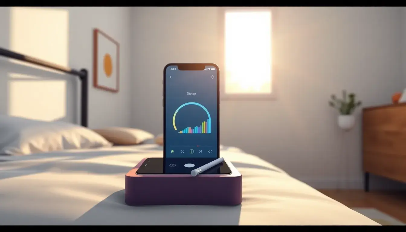 Interfaz de cálculo de sueño en smartphone sobre una mesa de noche soleada