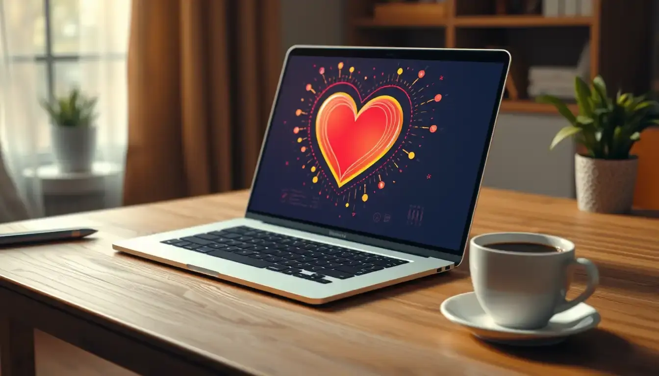 Interfaz de calculadora de amor en laptop sobre escritorio moderno con café