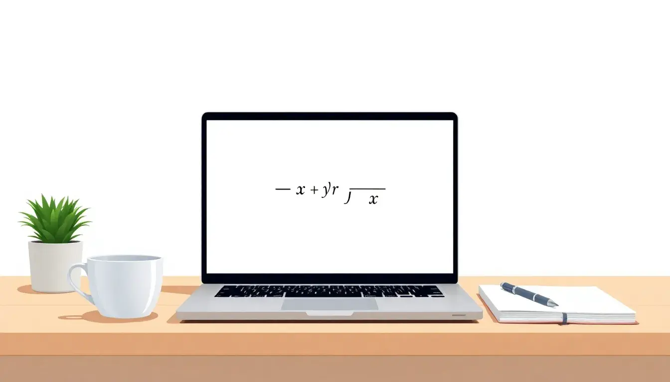 Laptop screen showing a quadratic equation solver on a clean desk.