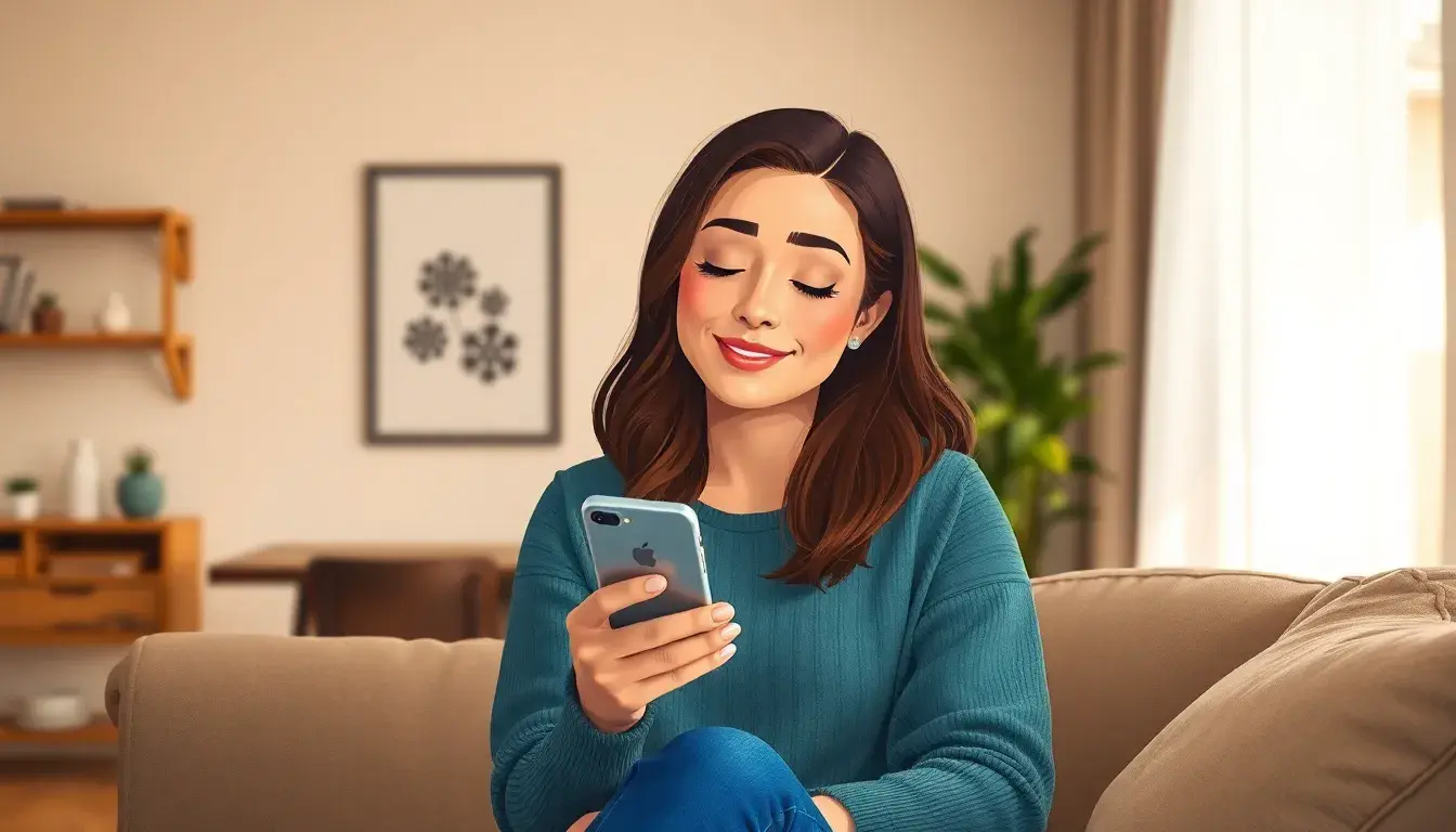 Mujer consultando calculadora de ovulación en su teléfono móvil