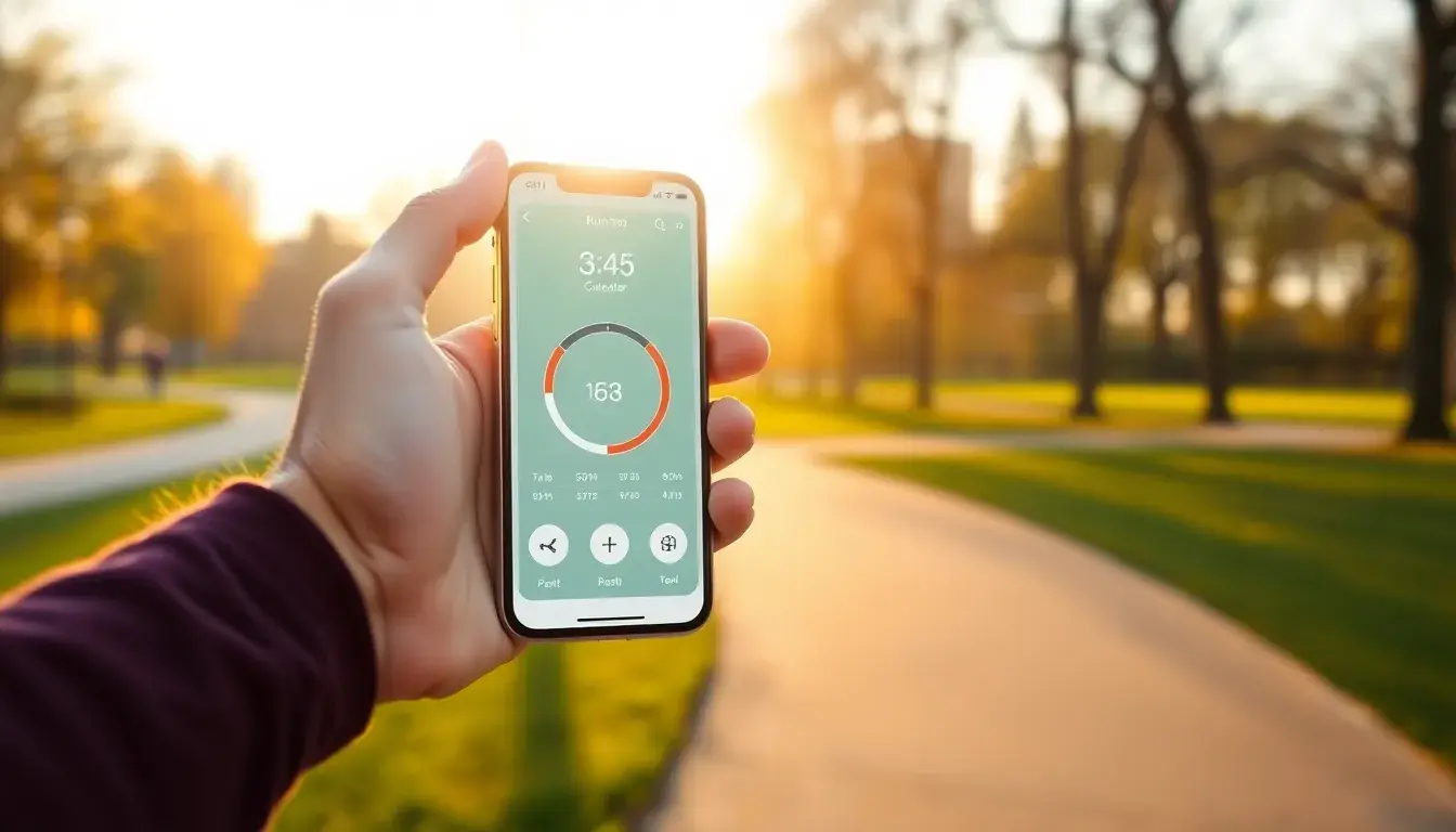 Corredor usando una calculadora de ritmos en su smartphone en un parque