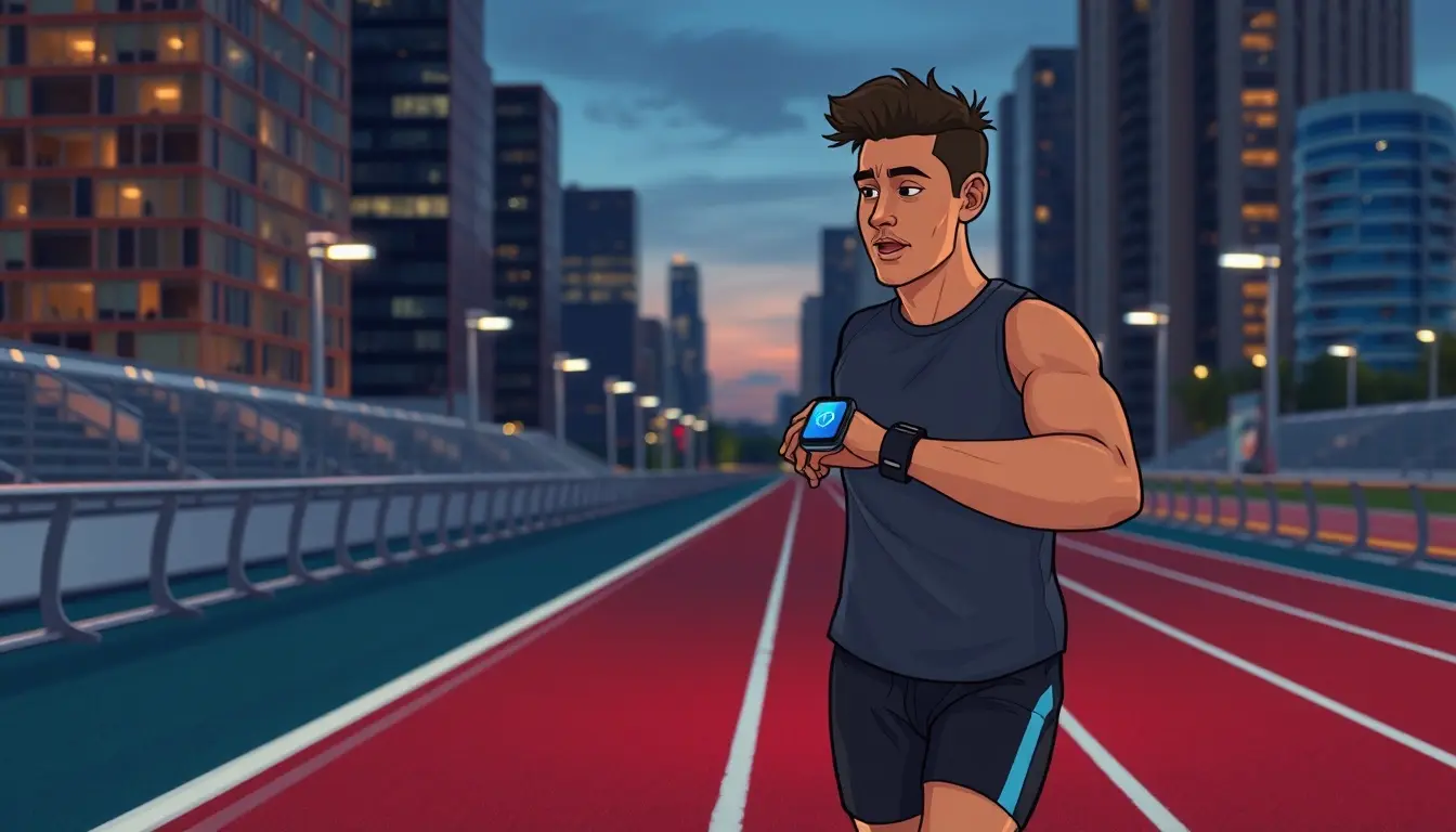 Corredor profesional revisando su reloj inteligente durante un entrenamiento nocturno