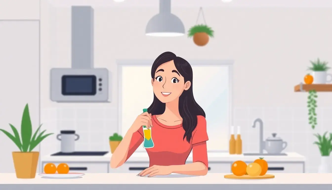 Persona sonriendo con cinta métrica en cocina saludable para calcular peso ideal.